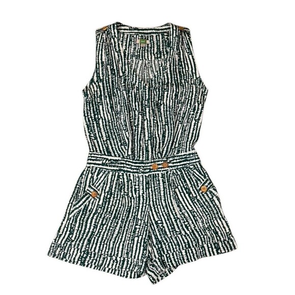 Anthropologie ETT TWA Sleeveless Romper Women's Size 0 Green & White Pockets - Picture 14 of 16